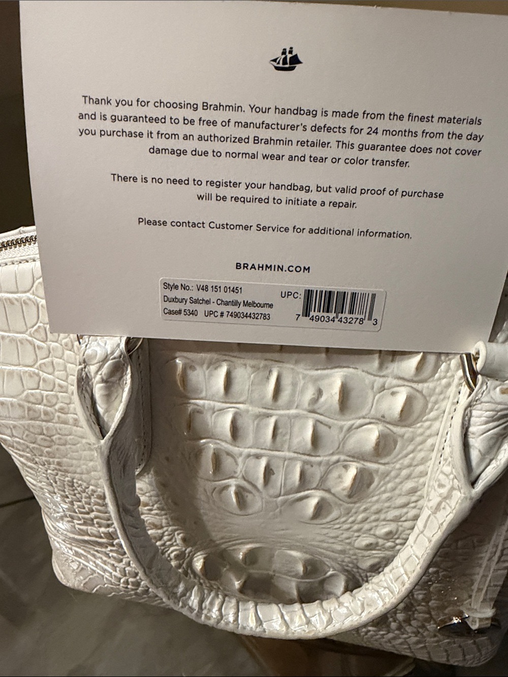 Brahmin Duxbury Chantilly White Croc-Embossed Satchel with Detachable Strap - Picture 12 of 15